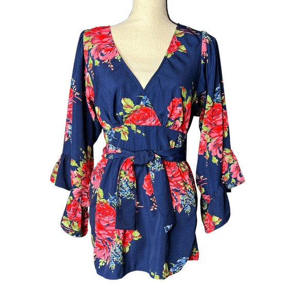Betsey Johnson Tunic Blouse Size M w/Tie and Bell Sleeve in Blue Pink Floral - Picture 1 of 6